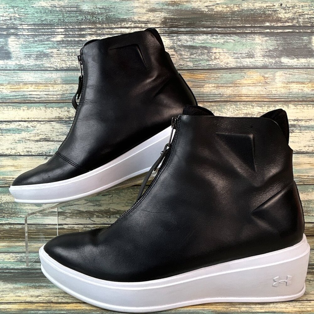 Under Armour Sportwear High Top Sneaker Womens 9.5 Black Leather Neoprene Lining - Picture 3 of 12